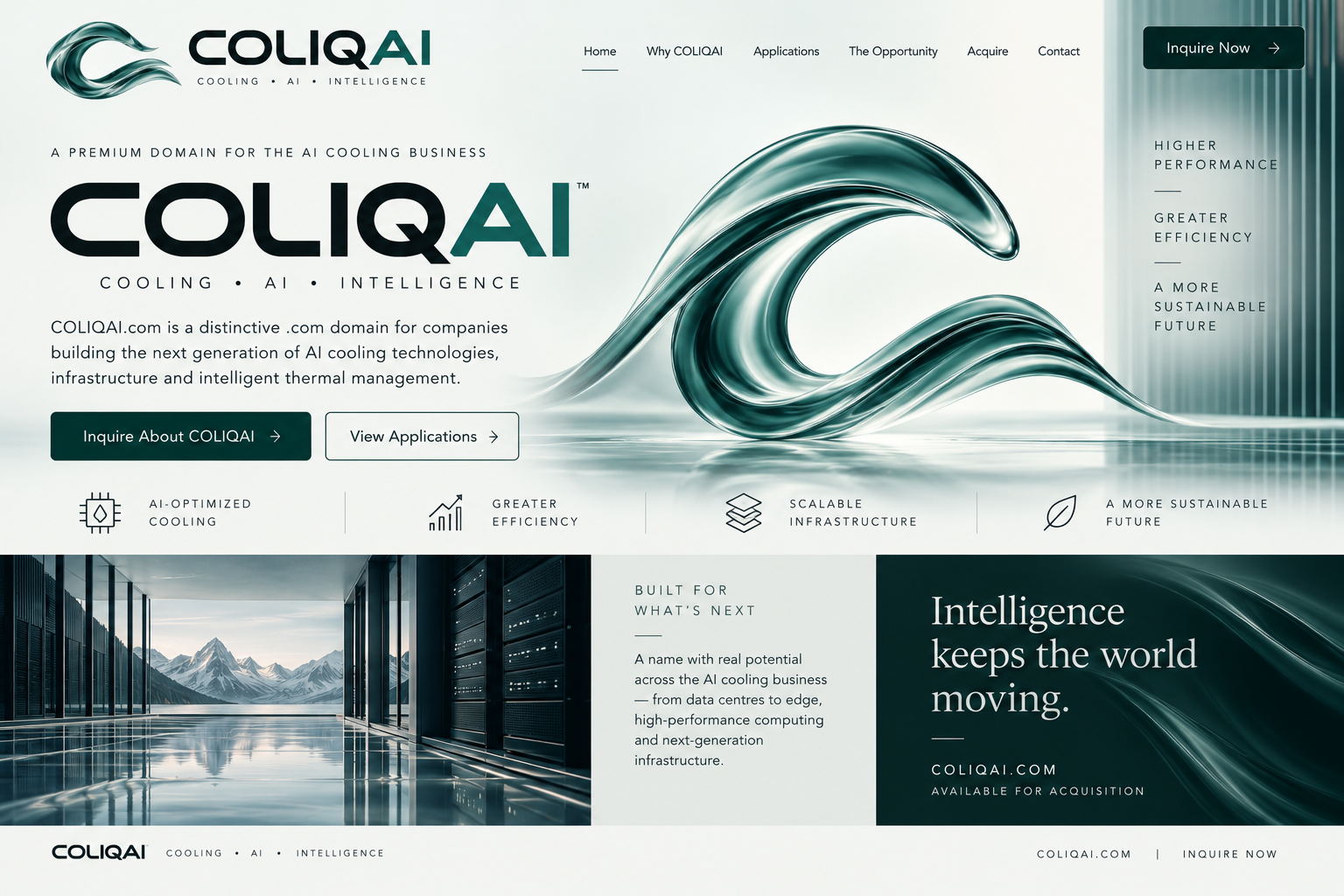 COLIQAI — Cooling, AI, Intelligence. A premium domain for the AI cooling business. A polished teal flowing emblem accompanies the name, above a data-centre scene. COLIQAI.COM is available for acquisition.